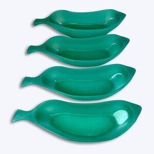 Vintage Teal Banana Split Boat Bowls Set 4 Retro Plastic Ice Cream Sundae Dishes